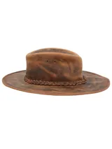 Sombrero de cuero marrón con ala ancha y banda trenzada alrededor de la base de la copa.