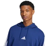 Sudadera con capucha Adidas de color azul oscuro, con el logo de la marca en blanco en el pecho y las tres franjas blancas características a lo largo de las mangas. Posee bolsillo canguro frontal.
