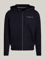 Buzo azul marino con capucha, cierre de cremallera frontal, bolsillos tipo canguro y logo de Tommy Hilfiger bordado en el pecho.