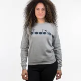 Buzo gris de cuello redondo con logo impreso de Diadora en el frente.