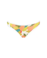 Calzón de bikini con estampado abstracto en tonos naranja, verde, amarillo, celeste y rojo. Tiene ribete blanco.