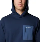 Buzo polar Columbia con capucha, color azul marino, con bolsillo tipo parche en el pecho de color azul más claro con cierre vertical.
