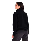 Buzo polar negro de mujer, marca CAT. Tiene cierre frontal de 3 botones con pliegue de poliéster ripstop, parche redondo con el logo de CAT en el pecho izquierdo, bolsillos en las costuras laterales y lycra en los puños de las mangas y en el dobladillo.