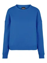 Sweater azul de corte holgado, cuello redondo y mangas largas con puños elásticos.