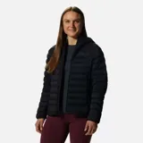 Campera negra con capucha, de pluma de 650 cuins y capa exterior Pertex® Quantum resistente a la intemperie.