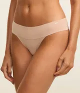 Kit de dos bombachas bikini corte a hilo, una color marrón y otra color piel, con logo de la marca Lov en el frente.