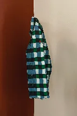 Camisa a cuadros azul, verde y blanco con botones en la parte delantera y en el costado, y bordado de una rosa roja en el pecho.