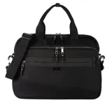 Maletín negro rectangular de poliéster con doble cierre superior, tres bolsillos externos con cierre, un bolsillo interno con cierre y dos bolsillos internos abiertos. Tiene correa regulable y asas fijas.