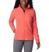 Chaqueta de microfibra color coral, con bolsillos laterales y cierre frontal, ideal para actividades al aire libre.