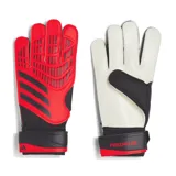 Guantes de arquero Adidas Predator Training, con palma de látex Soft Grip que ofrece amortiguación y agarre en todo tipo de clima. Diseño rojo y negro con corte positivo y tira elástica en la muñeca.