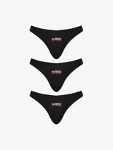 Pack de tres tangas de la marca Diesel, modelo Punchy-D-Core, en color negro. Presentan un diseño minimalista con corte clásico, banda estrecha en la cadera y el logotipo de la marca estampado en el frente.