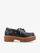 Mocasín náutico negro con plataforma, en cuero, con cierre de cordones y suela sintética.