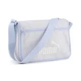 Bolso bandolera Puma Base Crossbody unisex, color gris claro con detalles en celeste y logo de Puma estampado en blanco.