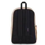 Mochila Jansport Superbreak Plus color beige con logo de la marca en azul y rojo.