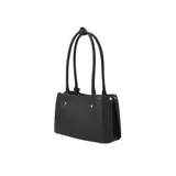 Cartera tote Guess Meridian negra con logo triangular metálico y llavero colgante.