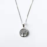 Conjunto de collar y dije de plata 925 con dije circular con diseño de árbol de la vida en nácar.