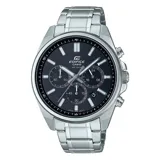 Reloj Casio Edifice plateado con esfera negra, cronógrafo y pulsera de acero inoxidable.