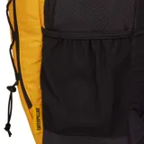 Mochila unisex Caterpillar color naranja y negro, con cordón elástico frontal, bolsillos laterales de malla, elementos reflectantes en las correas y logo Cat reflectante grande.