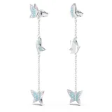 Aros colgantes plateados con forma de mariposas y cristales azules. Se pueden usar como aros de botón removiendo la cadena. Colección Lilia de Swarovski.