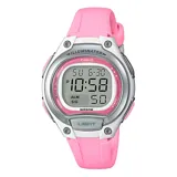 Reloj Casio digital deportivo con caja plateada y detalles en rosa, correa de resina rosa, cristal esférico, retroiluminación LED y resistencia al agua hasta 50 metros.