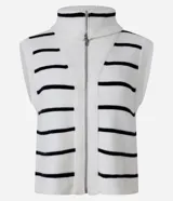 Chaleco blanco con rayas horizontales negras, de punto acanalado con viscosa sostenible, cuello alto y cierre frontal con cremallera.