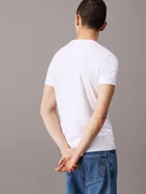 Remera blanca de corte slim, cuello redondo y mangas cortas. Estampado frontal con el logo de Calvin Klein Jeans en verde y negro.
