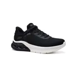 Championes deportivos Skechers Slip-ins Bobs Sport Arc Waves 2.0, color negro con suela blanca. Diseñados con tecnología Hands Free Slip-ins para un calce fácil y Heel Pillow para mantener el pie en su lugar. Cuentan con plantilla Memory Foam, entresuela Glide-Step y cordones fijos.