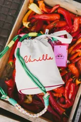 Cartera tipo tote bag color rosa claro, con cordones de colores y bordado verde con la palabra "Vanilla".