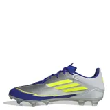 Championes de fútbol Adidas F50 League FG Messi, unisex, color plateado con detalles en azul y amarillo.