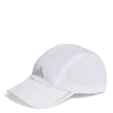 Gorro deportivo Adidas Run, color blanco con logo plateado en el frente y detalle reflectivo en la visera.