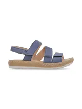 Sandalias de cuero nobuck color rosa pálido, con múltiples tiras ajustables con velcro, plantilla de cuero acolchada y suela de PVC cosida y flexible.