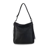 Cartera negra de simil cuero con apertura superior con cierre. Tiene detalle frontal en costura, dos bolsillos internos, un bolsillo divisor en el forro y bolsillos laterales con cierre. Incluye correa larga regulable.