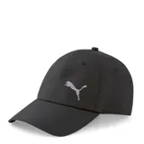 Gorra deportiva Puma, color negro liso, con logo del felino en tono gris reflectante en el frente. Presenta visera curva y paneles estructurados.