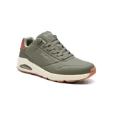Championes Skechers Street Uno - Suited On Air color verde oliva con detalles en marrón y blanco. Capellada de durabuck en relieve, plantilla Skechers Air-Cooled Memory Foam y entresuela con airbag visible Skech-Air.