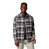 Camisa de franela a cuadros gris, negra y blanca, de manga larga, con bolsillo en el pecho y tejido elástico.