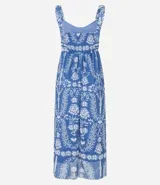 Vestido midi de tule con estampa étnica, escote corazón fruncido y breteles finos.