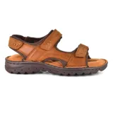 Sandalias marrones de cuero con tiras ajustables con velcro y suela de goma.