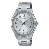 Reloj Casio plateado con caja de acero inoxidable, esfera plateada con números arábigos y agujas negras.