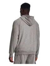 Buzo Under Armour con capucha, color celeste, con logo estampado en blanco en el pecho y bolsillo tipo canguro.