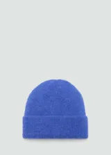 Gorro de lana azul con dobladillo.