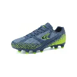 Botines de fútbol Le Groupe negros con detalles en gris y azul.
