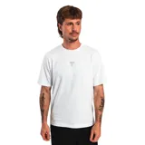 Remera blanca de corte recto con logo minimalista en el centro del pecho.