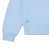 Buzo blanco de algodón con cuello redondo, puños y cintura acanalados. Estampado frontal con el logo de Lacoste y un cocodrilo vestido con ropa de ciclista andando en bicicleta.