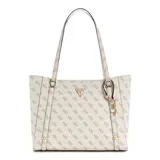 Cartera tote Guess modelo Daryna mediana, color blanco con estampado del logo de la marca en marrón. Tiene doble asa de hombro, cierre superior con cremallera y dije colgante con el logo de Guess.