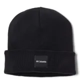 Gorro de lana azul con puño enrollado y logo de Columbia bordado en el frente.