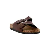Sandalias marrones de cuero sintético con dos tiras anchas ajustables con hebilla metálica. Suela plana de corcho y base de goma.