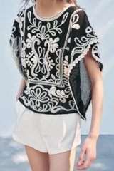 Top de Zara Woman Collection, color negro con apliques de crochet en color crudo. Cuello redondo y manga corta caída. Cierre en la espalda con abertura y botón.