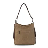 Cartera negra de simil cuero con apertura superior con cierre. Tiene detalle frontal en costura, dos bolsillos internos, un bolsillo divisor en el forro y bolsillos laterales con cierre. Incluye correa larga regulable.