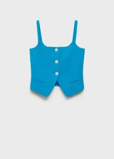 Chaleco azul con tirantes finos, escote cuadrado, cierre frontal con botones y espalda descubierta.