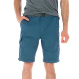 Pantalón de senderismo convertible en short, color negro, con cinturón marrón y múltiples bolsillos.